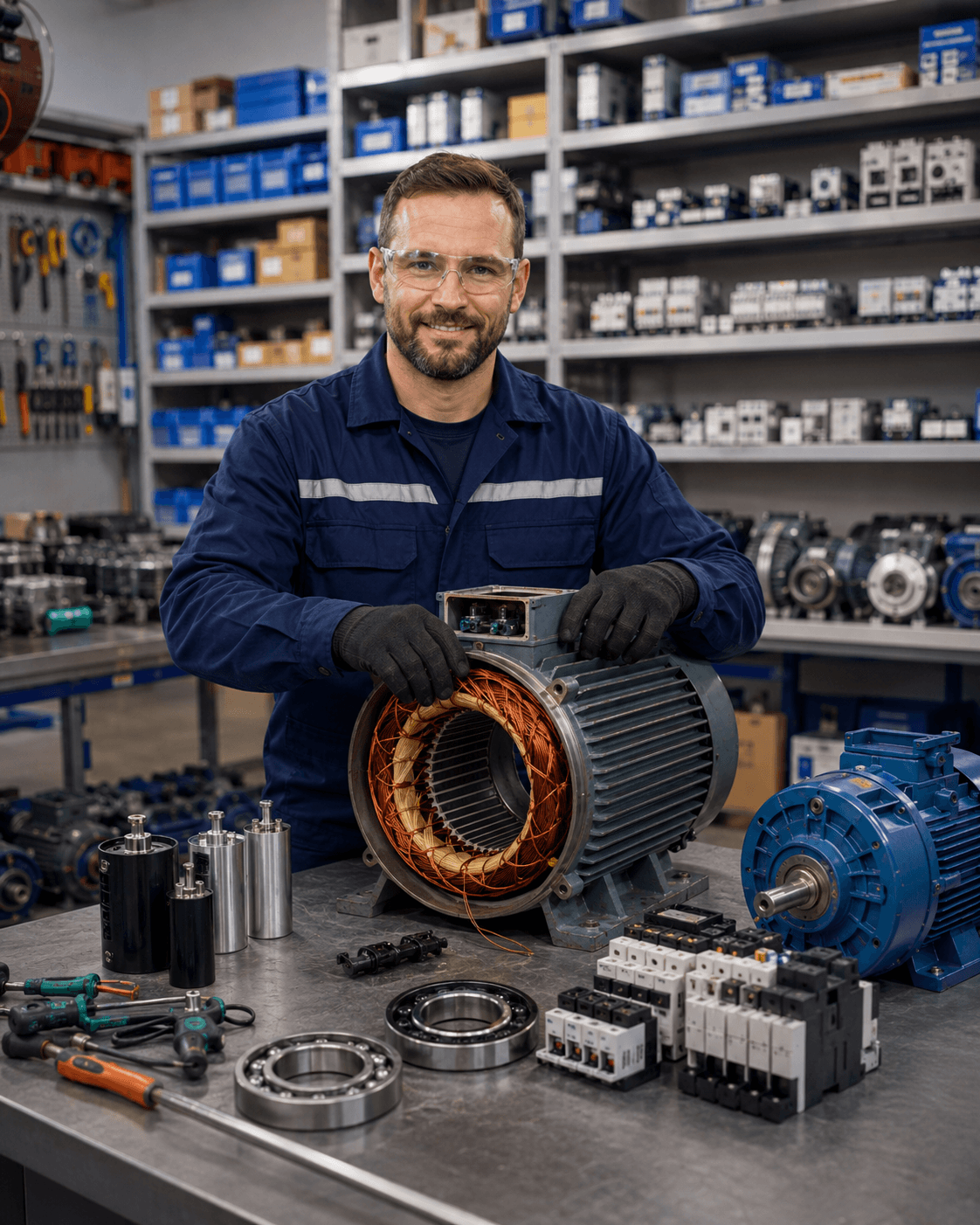 Técnico da GRL sorrindo, apoiado sobre motor rebobinado, com peças de reposição na bancada e prateleiras de componentes ao fundo
