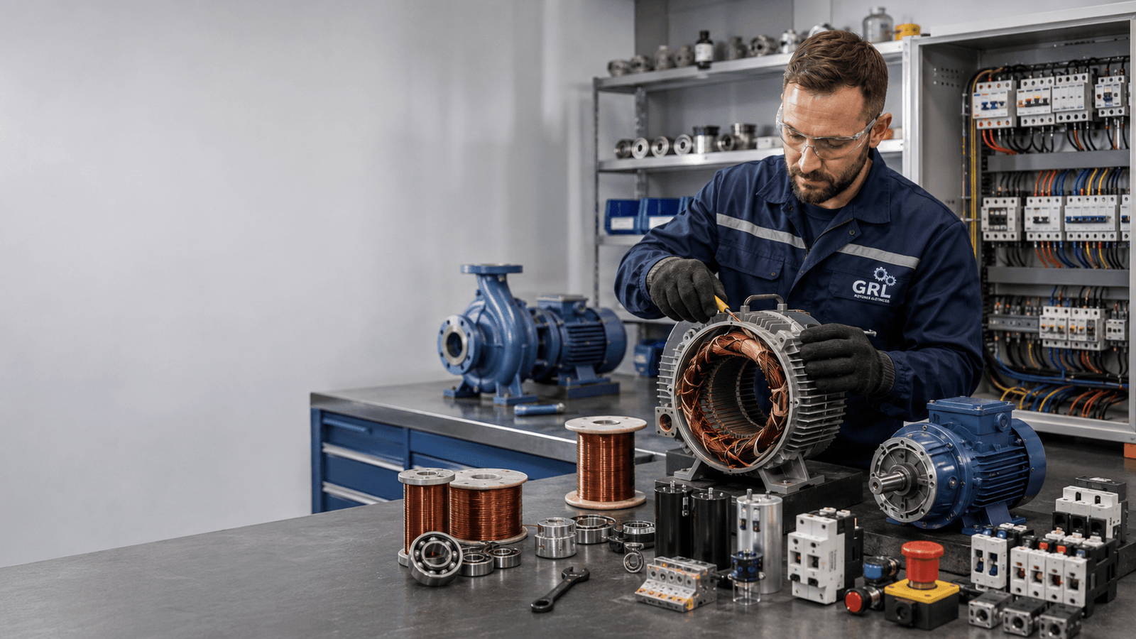 Técnico da GRL rebobinando estator de motor elétrico, com peças e quadro de comando ao lado